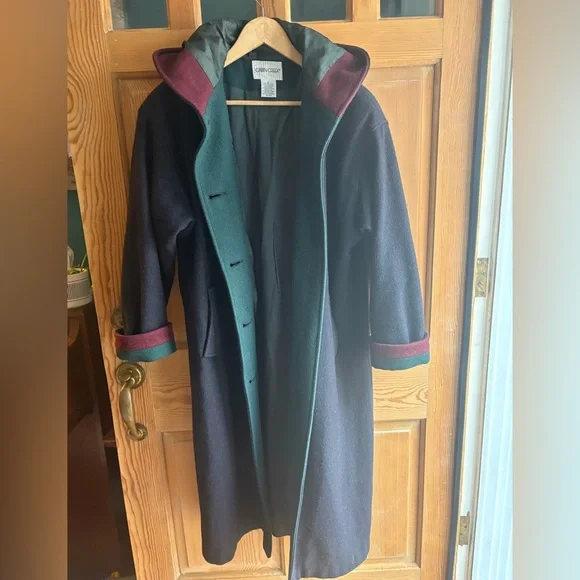 Cabin Creek Navy and Green Wool Trench Coat with Hood Burgundy Accents Size 6 - Picture 5 of 10